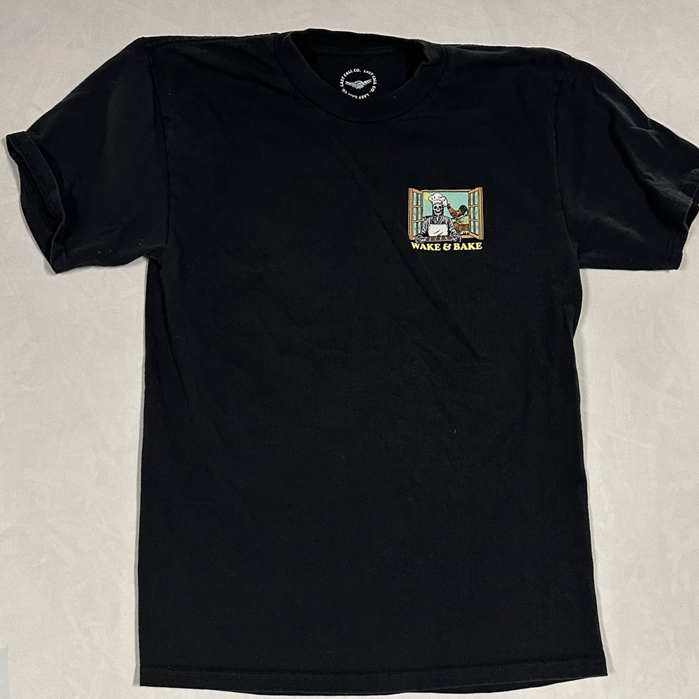 Last Call Co. Wake & Bake Graphic T-Shirt Black Skeleton Chef Medium Mens